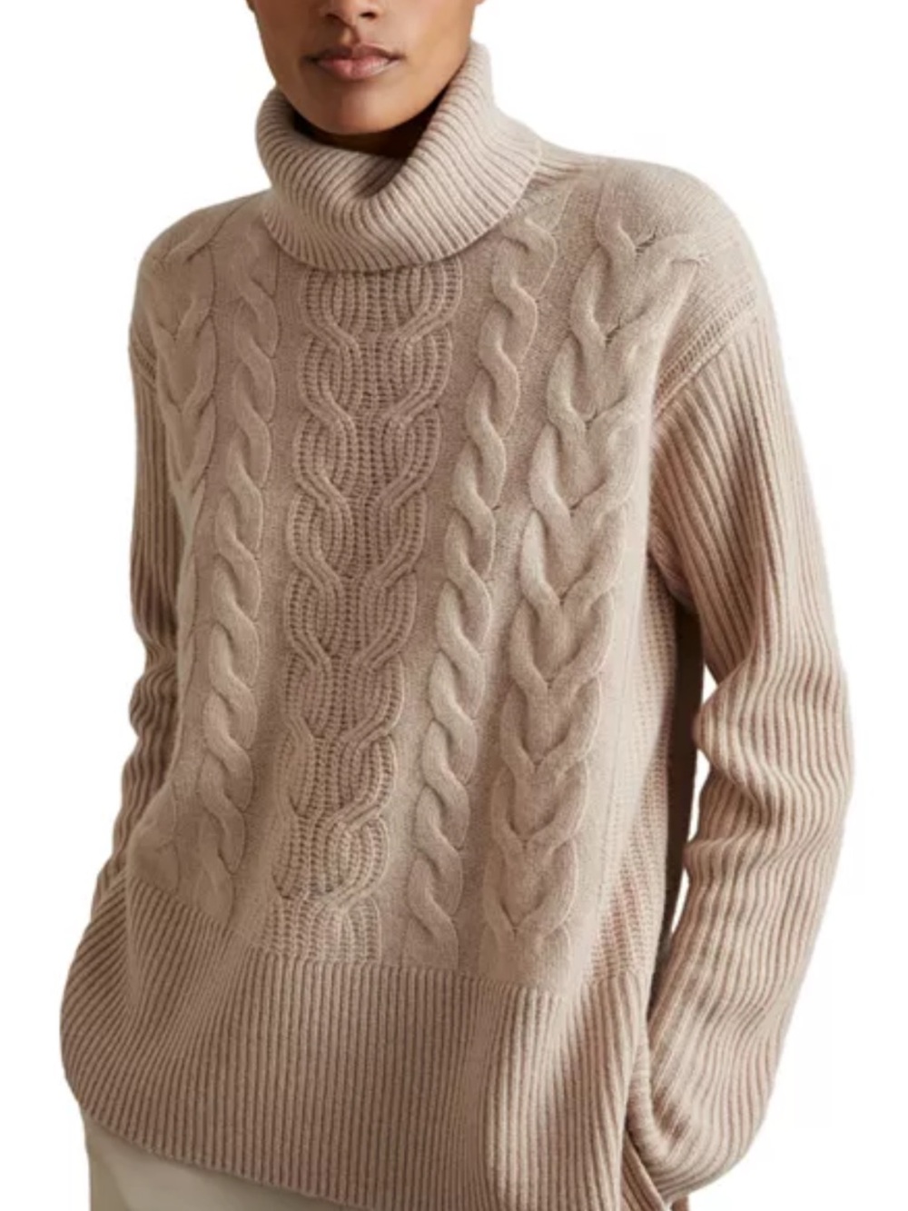 Reiss Carina Cable Roll Neck Sweater in the shade Mink size L, S
